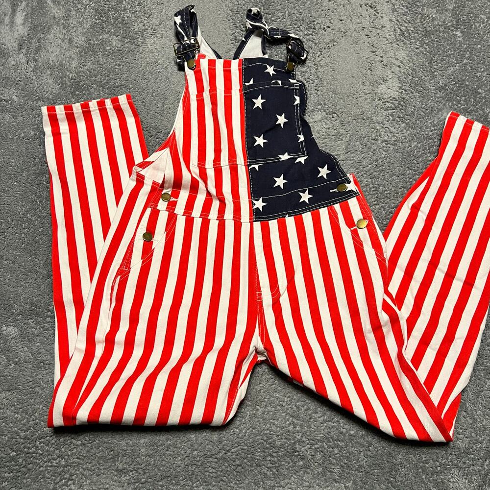 Denim Overalls Mens XS Red White Blue Baggy Patriotic American Flag
